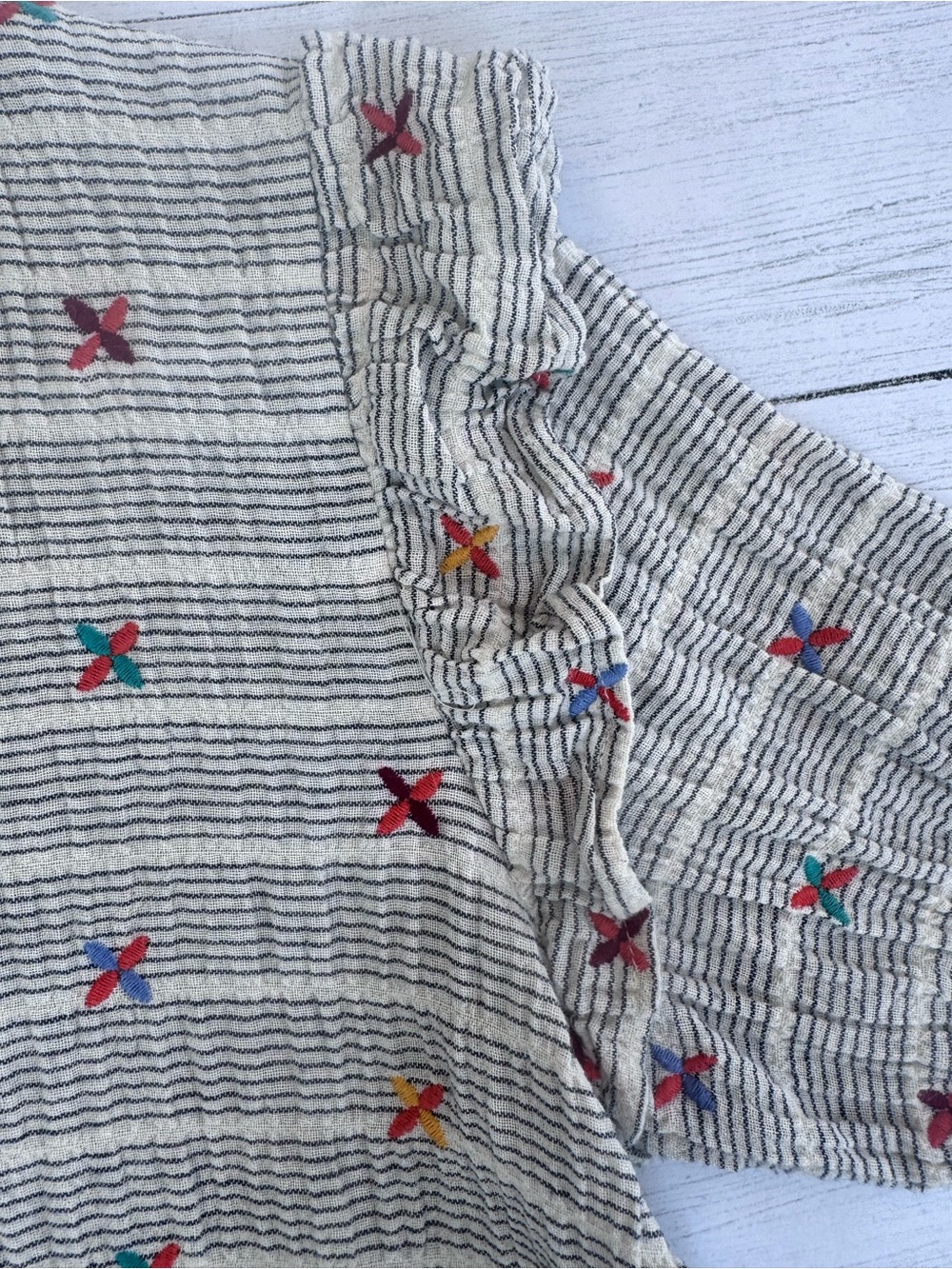 THML Size Small to Med Linen Blend Striped Embroidered Ruffle Sleeve Top Boho - Picture 7 of 11